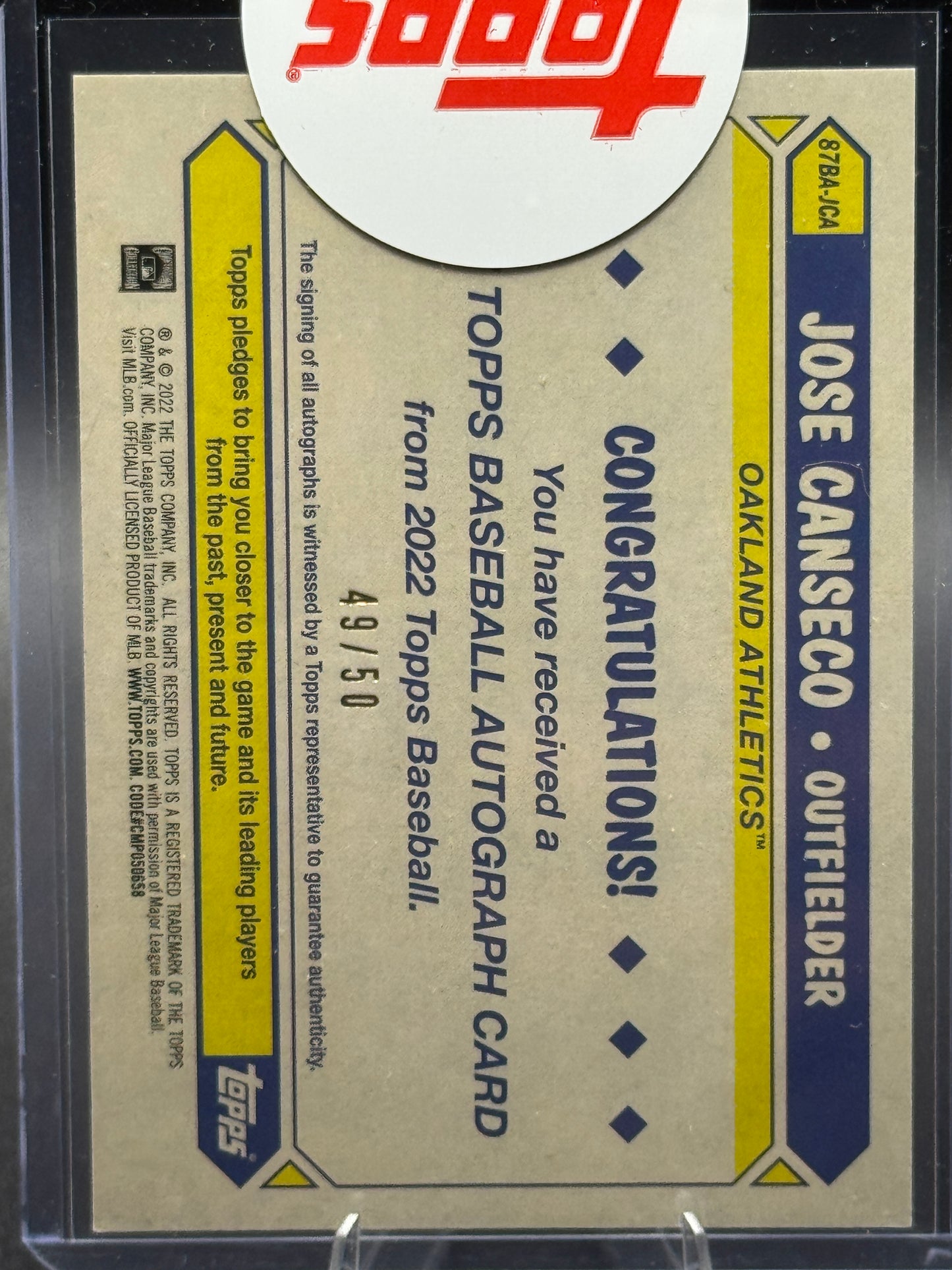 2022 Topps 1987 35th Anniversary Jose Canseco Auto Gold /50