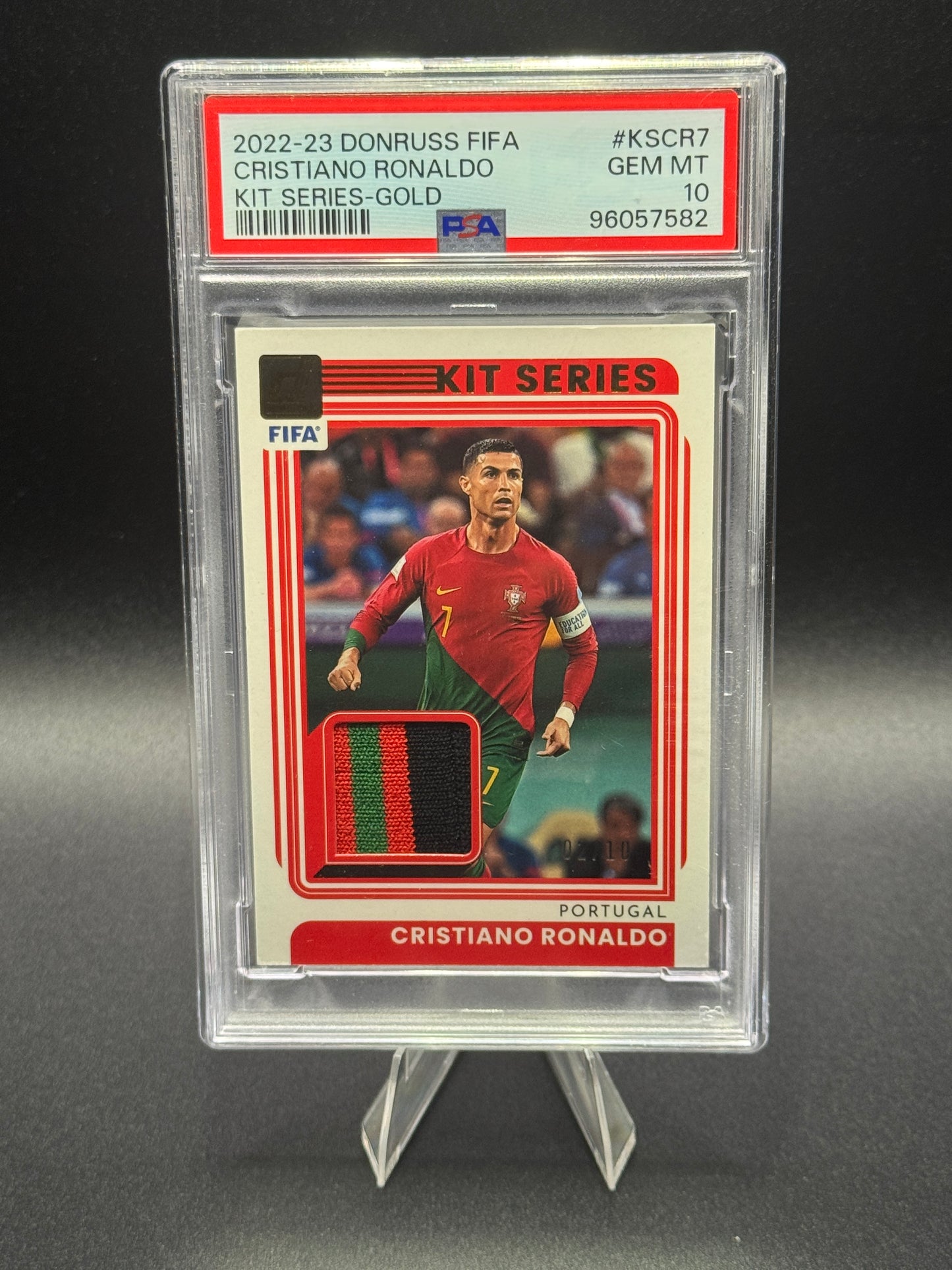 2022-23 Donruss FIFA Cristiano Ronaldo Kit Series Gold Auto Relic /10 PSA 10 Player Worn