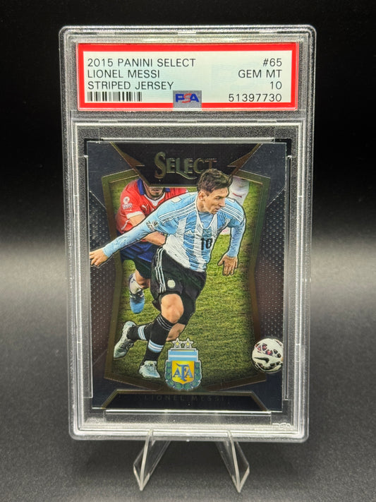 2015 Panini Select #65 Lionel Messi Striped Jersey PSA 10