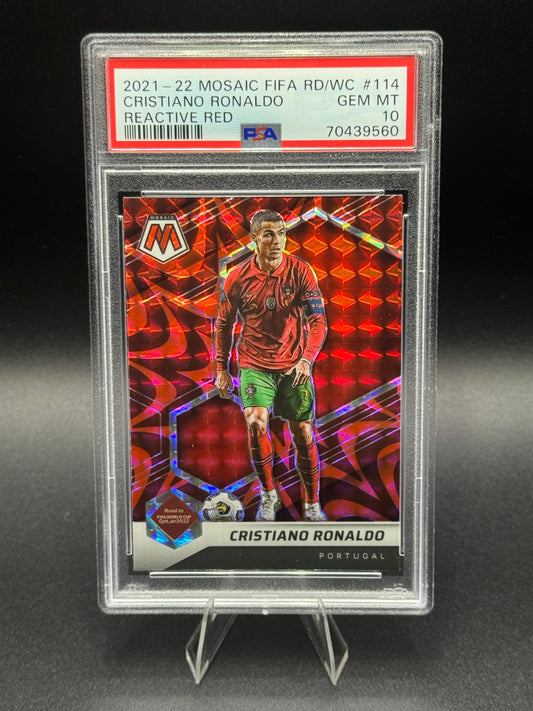 2021-22 Mosaic FIFA Qatar WC #114 Cristiano Ronaldo Reactive Red PSA 10