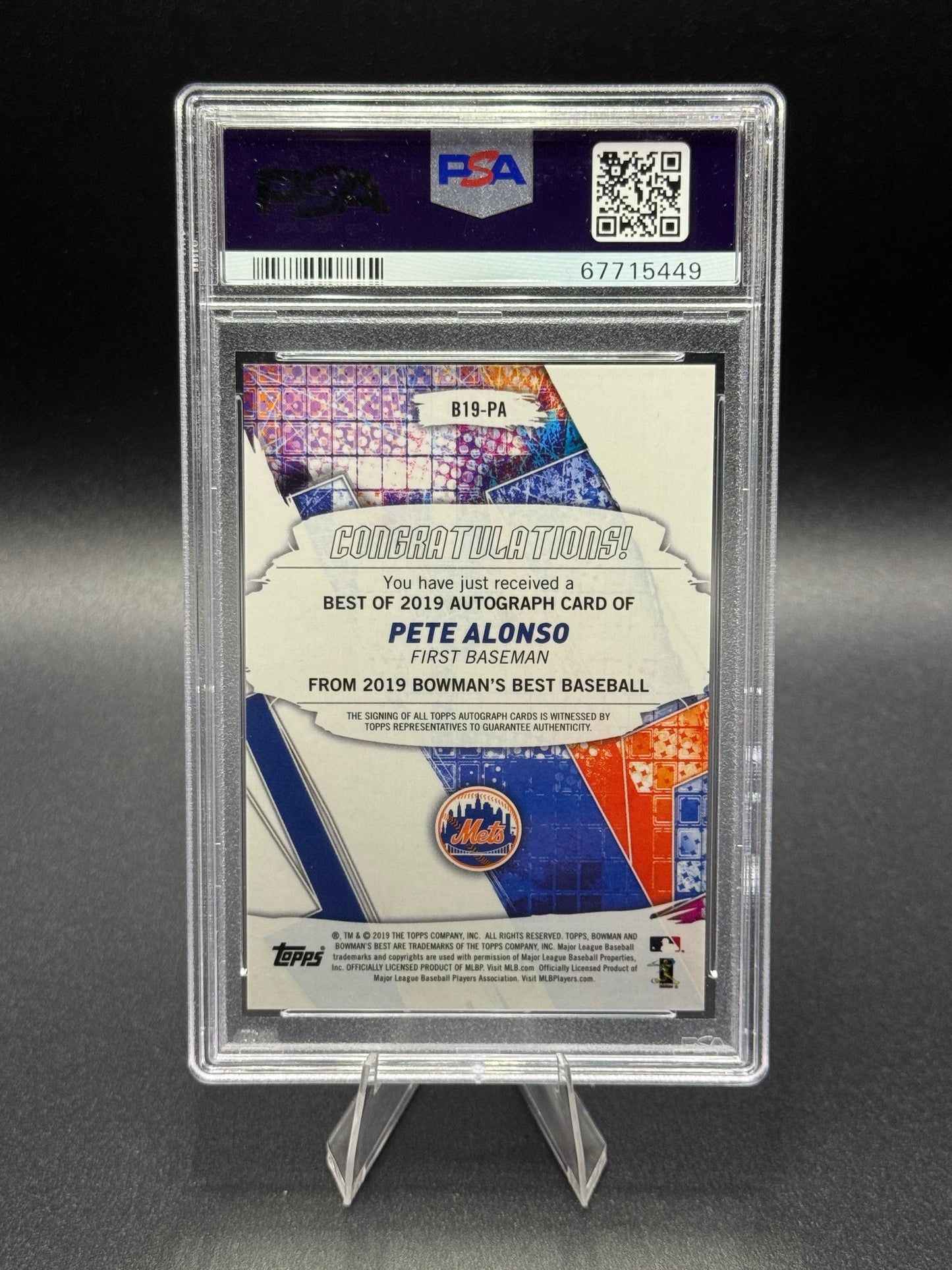 2019 Bowman’s Best Autographs Pete Alonso Green /99 PSA 10