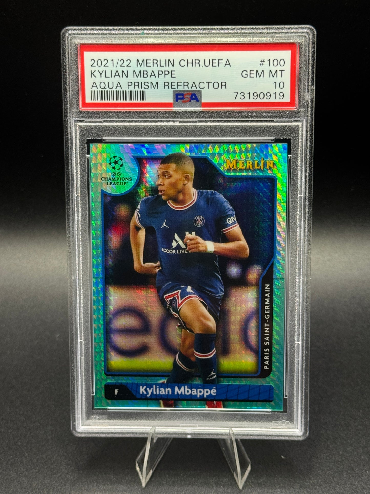 2020-21 Topps Merlin #100 Kylian Mbappe Aqua Prism Refractor PSA 10