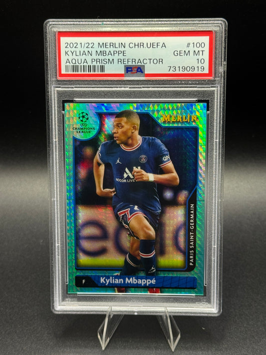 2020-21 Topps Merlin #100 Kylian Mbappe Aqua Prism Refractor PSA 10