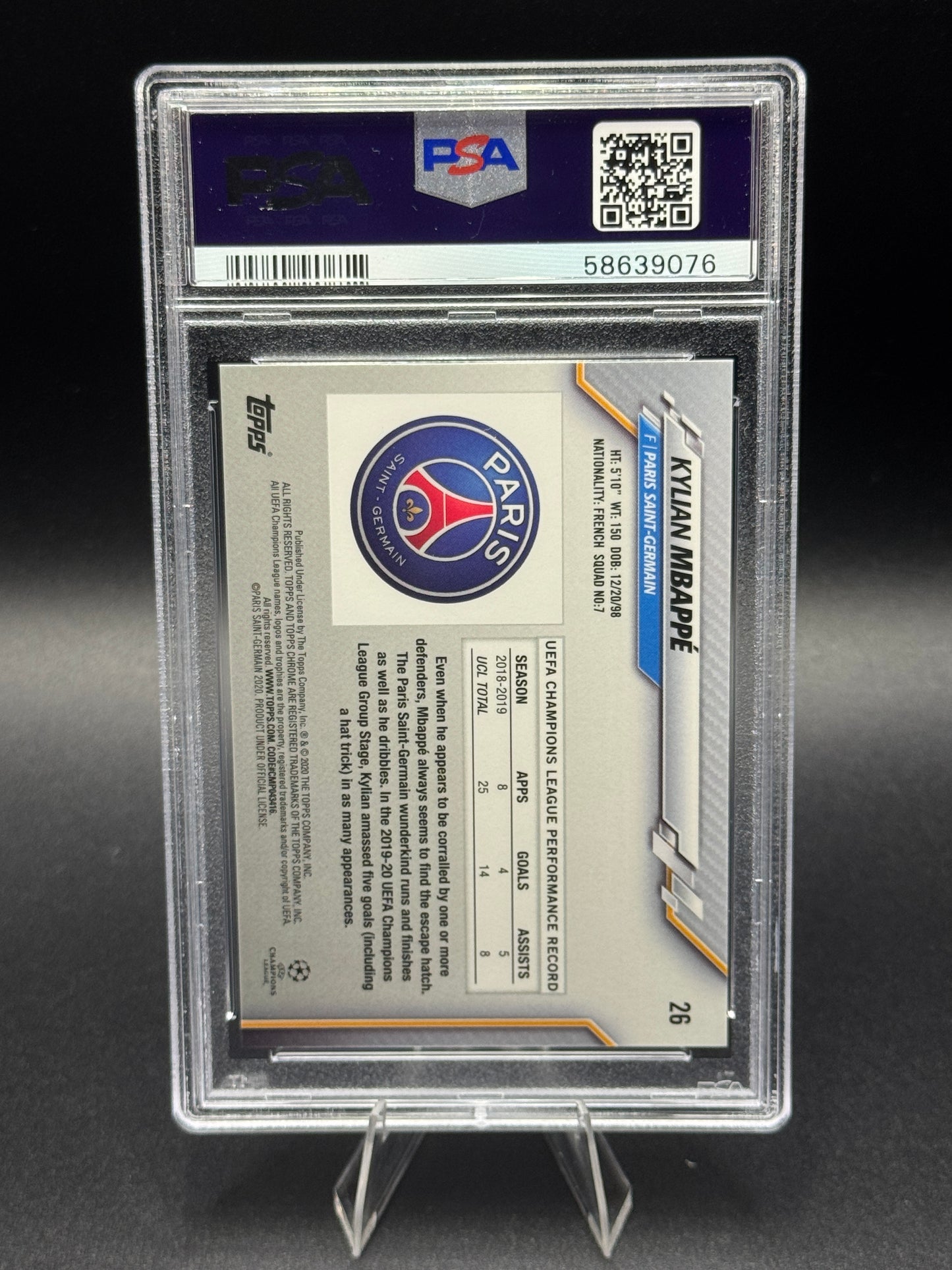 2019-20 Topps Chrome Sapphire #26 Kylian Mbappe PSA 10