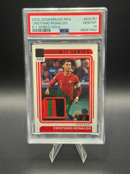2022-23 Donruss FIFA Cristiano Ronaldo Kit Series Gold Auto Relic /10 PSA 10 Player Worn