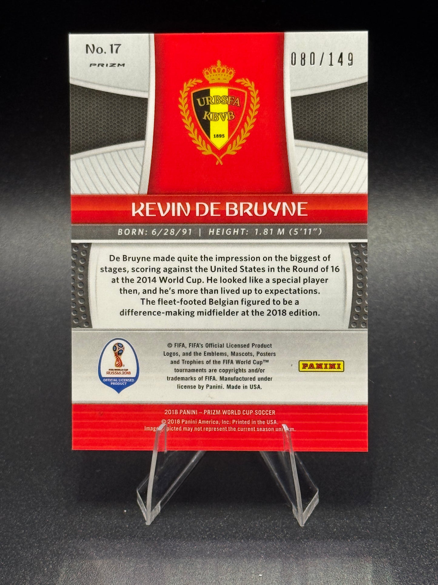 2018 Panini Prizm World Cup #17 Kevin De Bruyne Red /149