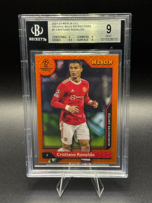 2021-22 Merlin UCL #7 Cristiano Ronaldo Orange Mojo Refractor /25 BGS 9